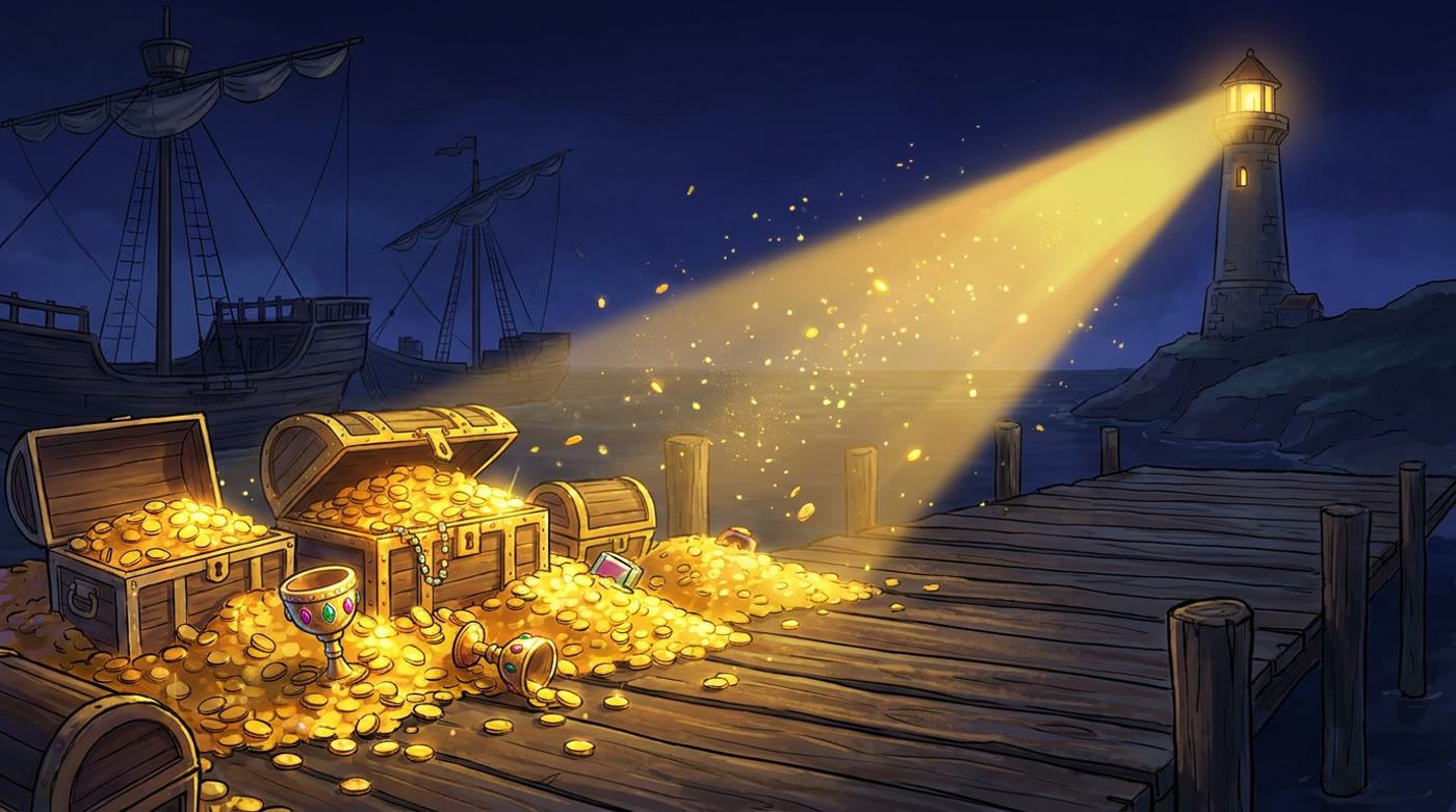 Golden coins spilling across a harbor dock at night