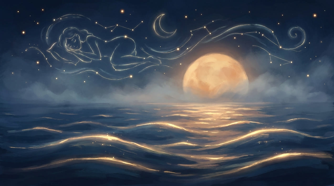A dreamy night sky of sleep cycles over a calm sea