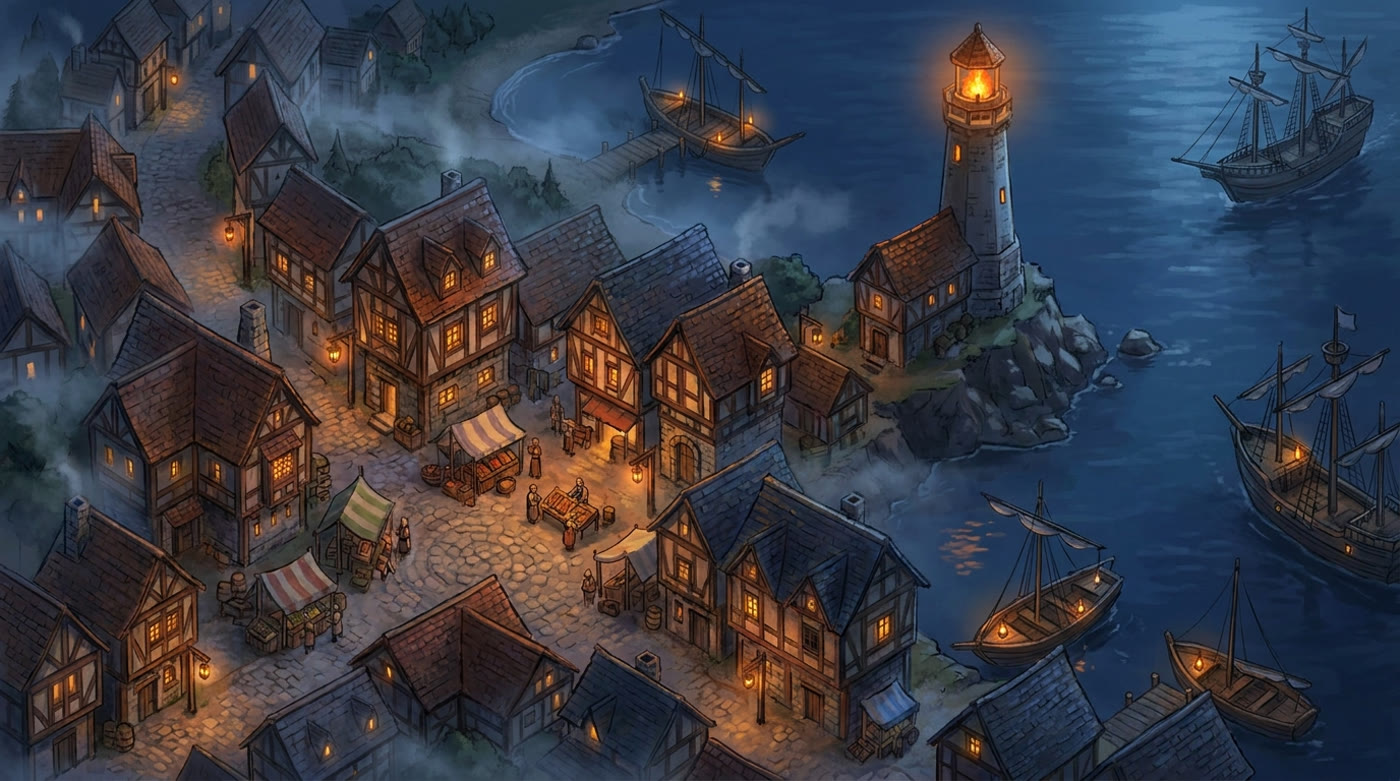 A painterly medieval harbor town at night